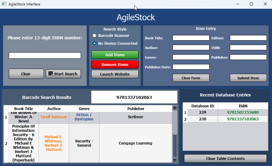 AgileStock's base station showing item scan details.